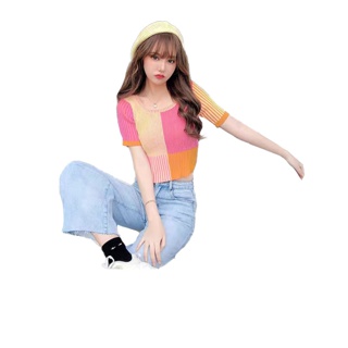 โปรโมชั่น : Best clothesพร้อมส่งใหม่002-2สินค้าขายดีเสื้อครอปคอกลมแขนสั้นไหมพรมสีน่ารัก