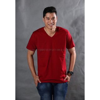 เสื้อยืด แฟชั่น ผู้ชาย ทรงตรง T-Shirt Cotton 100% คอวี แขนสั้น สีเลือดหมู