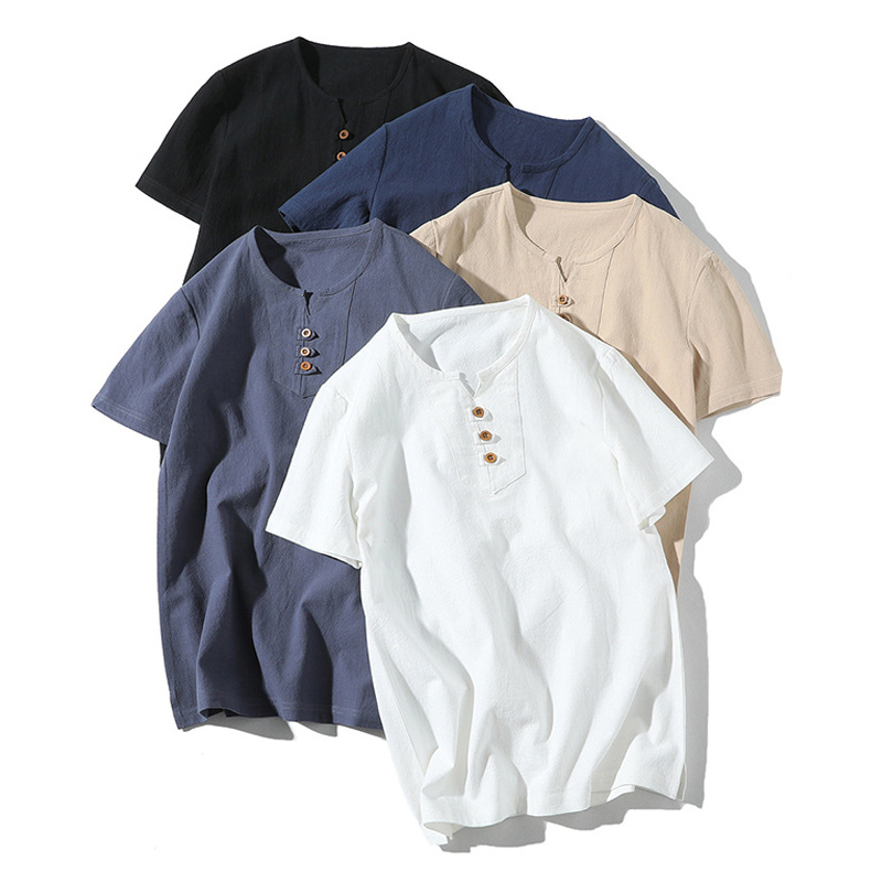 เสื้อยืดแขนสั้นสไตล์ Harajuku V-neck button up สำหรับผู้ชาย ทำจากผ้าฝ้ายและลินิน สีขาว ไซส์ใหญ่ถึง XL