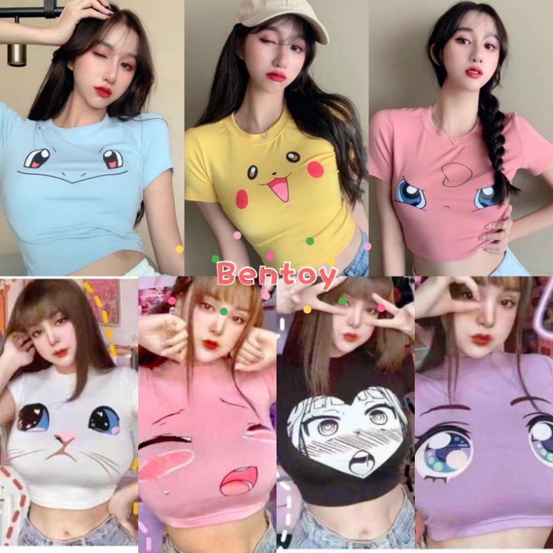 Bentoy*เอวลอย*เสื้อยืดครอป แขนสั้นเอวลอย สกรีนลายอนิเมะ นมโต สุดฮิต(8378)