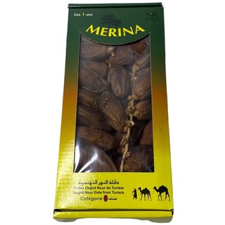 อินทผาลัม Dates 日期 MERINA สินค้านำเข้าจากตูนิเซีย กล่องสีเหลือง-เขียว 500g 1กล่อง/บรรจุน้ำหนัก 500 g ราคาพิเศษ สินค้าพร้อมส่ง