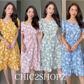 #C2SHOPZ 🌸 เดรสคอเหลียม เย็บสม๊อคสาบบ่า  แขนตุ๊กตา กระโปรงบาน  ต่อระบายชายกระโปรง 🌼(DRESSUa)