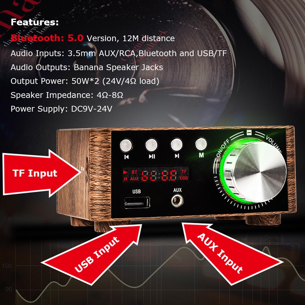 เครื่องขยายเสียงดิจิตอล HiFi บลูทูธ 5.0 Class D Amp 50W * 2 USB TF-Card AUX IN สําหรับรถยนต์