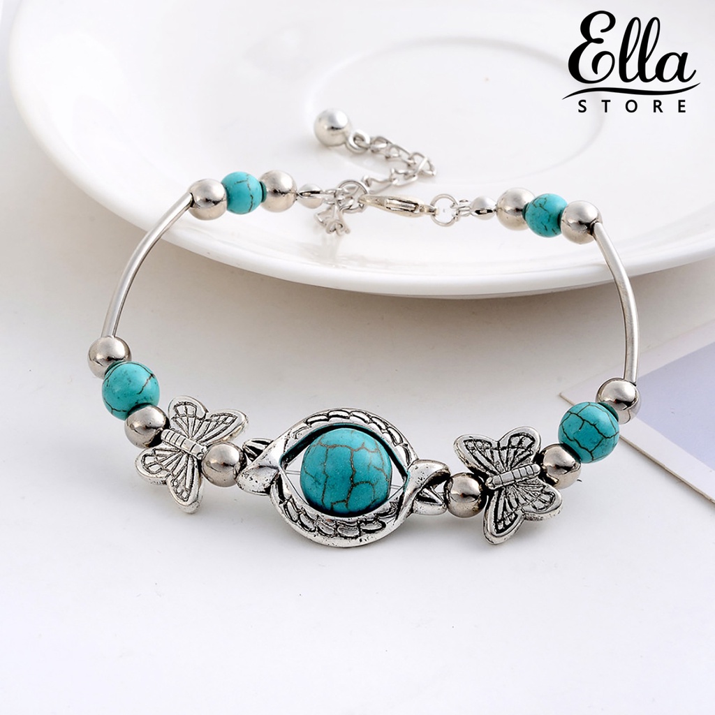 Ellastore123 สร้อยข้อมือลูกปัดเทอร์ควอยซ์ อัลลอย รูปผีเสื้อ ปรับได้ แฮนด์เมด สไตล์เรโทร สําหรับทุกเพศ