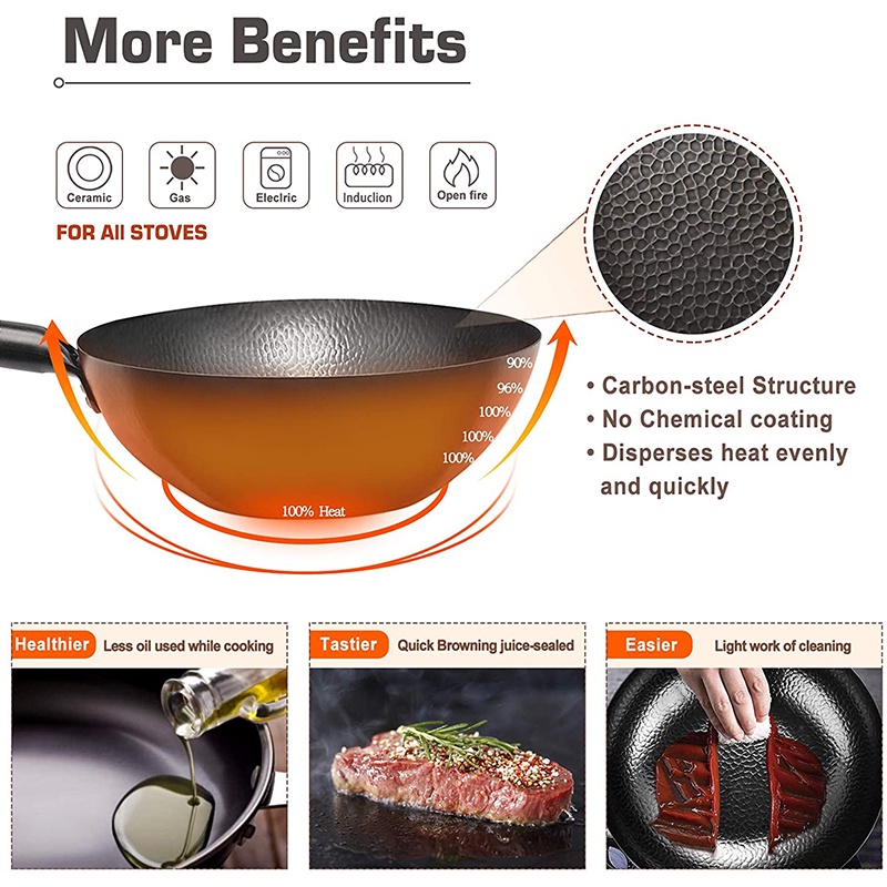 ♤❈Iron Wok Traditional 12.5" Carbon Steel Wok Non-stick Pan Woks and Stir Fry Pans with lid Kitchen Cookwar for All Stov