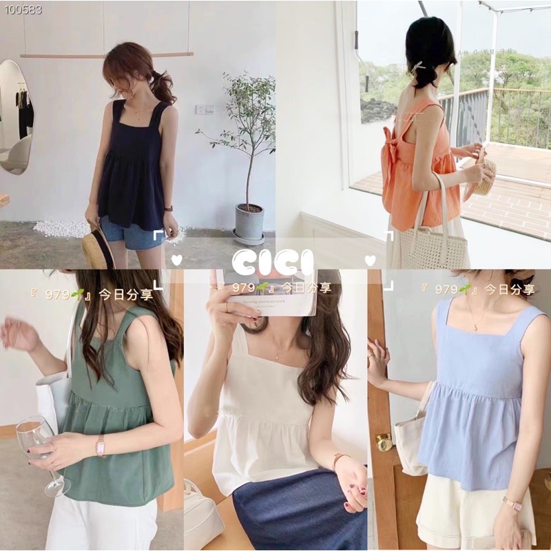 ส่งทันที Cici(NO. 979)เสื้อกล้ามผ้าฝ้าย คอเหลี่ยม ปลายแต่งระบาย เพิ่มระดับความหวานด้วยการผูกโบวที่หลังสไตล์เกาหลี