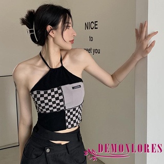 DEMQ-Women Halter Tanks Tops with Plaid Patchwork Navel Backless Casual Style Korea Style Summer Clothing