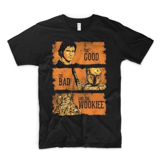 ผ้าฝ้ายคอกลมใหม่ล่าสุด เสื้อยืดผ้าฝ้าย 100% พิมพ์ลาย The Good The Bad And The Ugly Wookiee Han Solo Boba Fett Jedi แฟชั่