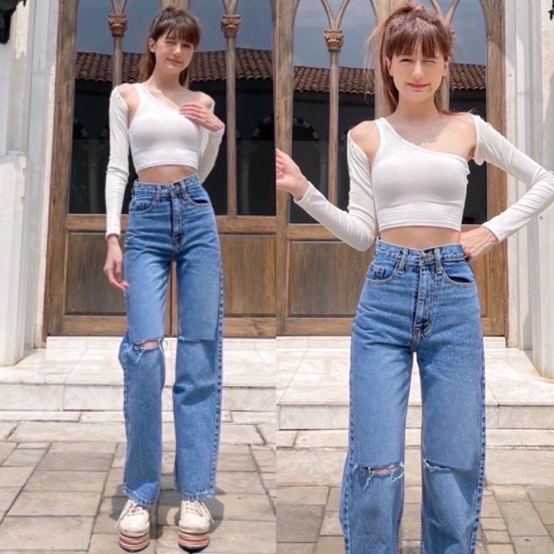 กางเกงยีนส์ "Oops Jeans" 👖ทรงกระบอกแต่งขาดเข่า พร้อมส่ง✈️✈️