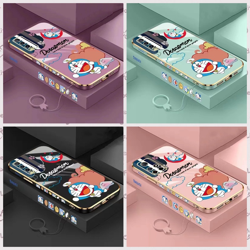 OPPO A54 4G A74 5g A74 4G A76 A53 A91 A9 2020 A5 2020 Reno 3 A92 A52 A94 4G A33 F9 F9 Pro A95 Reno 5F ขอบตรง 90 °โดราเอมอน Electroplated เคสโทรศัพท์