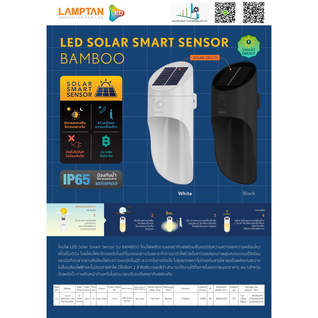 LAMPTAN - โคมไฟพลังงานแสงอาทิตย์ LED Solar Smart Sensor 1W รุ่น Bamboo