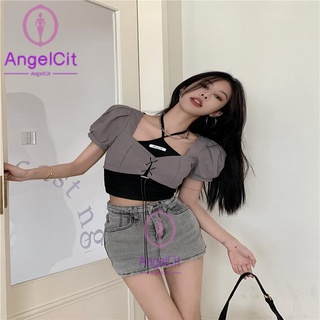 Angelcity ※ เสื้อยืดแขนพัฟ คอสี่เหลี่ยม ทรงสลิมฟิต แฟชั่นฤดูร้อน สําหรับผู้หญิง