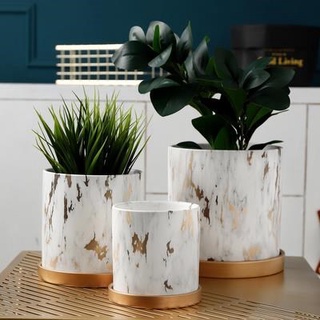 กระถางต้นไม้ ลายหินอ่อน จานรองกระถาง จานวางของ เซรามิค ทรงกลม - Plant pot, marble pattern, saucer, ceramic plate