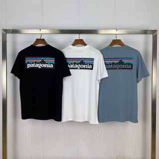 เสื้อยืดสีขาวเสื้อยืดแขนสั้น พิมพ์ลายโลโก้ภูเขา PATAGONIA P-6