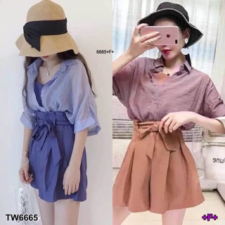 TwinsShopVip💗พร้อมส่ง TW6665 Set 3 ชิ้น เสื้อเชิ้ตคลุมแขนสั้น  +กางเกงขาสั้น