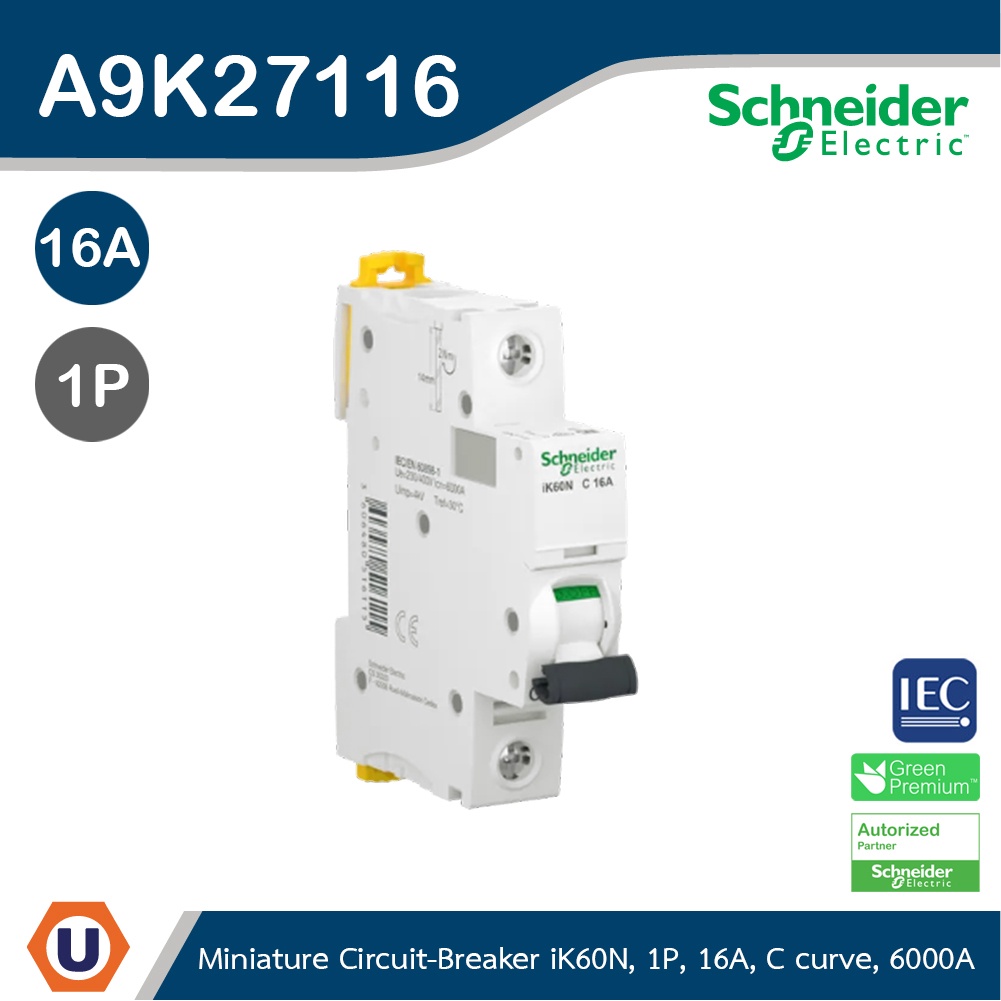 Schneider Electric - Miniature Circuit-Breaker, Acti9 iK60N, 1P, 16 A, C Curve, 6000 A (IEC 60898-1)