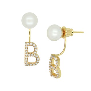 A.CEMI Initial Pearl Earring- 1 Pair Gold Plated- ต่างหูมุกแท้ สีทอง ต่างหูเงินแท้ ชุบทอง 18K ต่างหูตัวอักษร