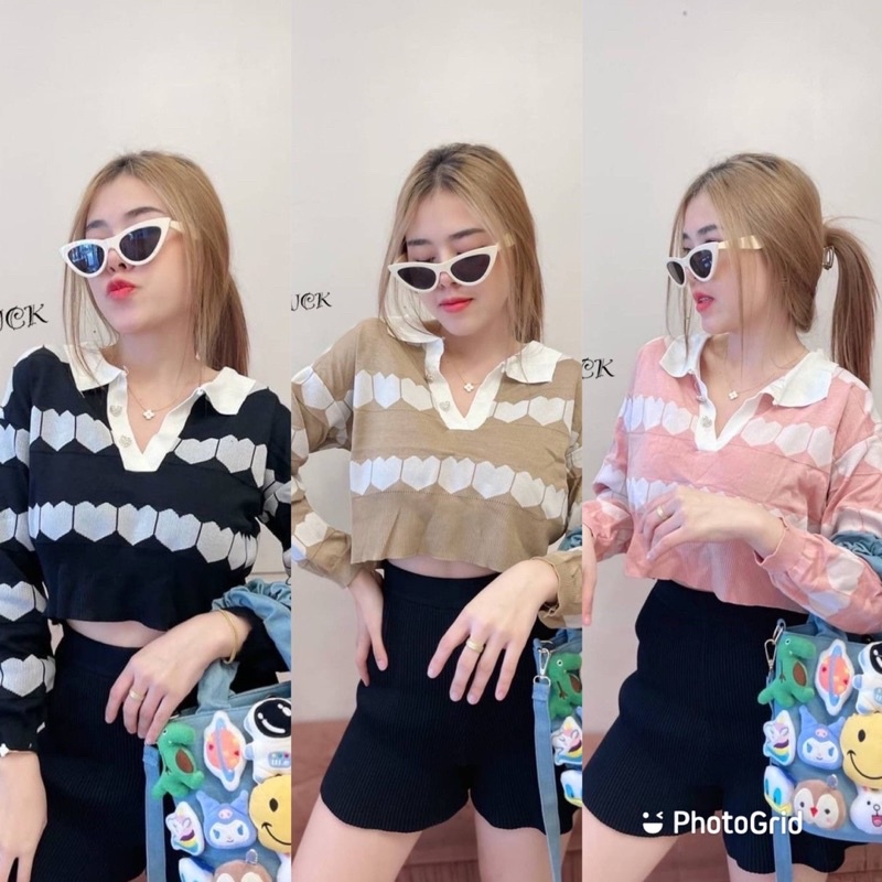 SpinnyHouse ครอปท็อปคอปก กระดุมหัวใจ เนื้อผ้าไหมพรม ลมหนาว B-013-3-B