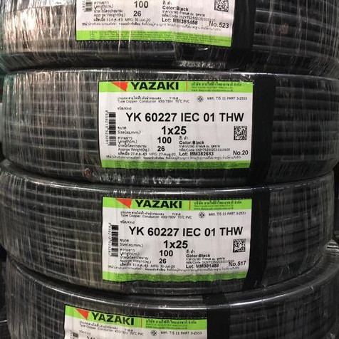สายไฟ THW 25 sq.mm. ยาซากิ YAZAKI 100 เมตร สายแข็ง แกนเดียว ทองแดง มี 2 สี ดำ เขียว-เหลือง(สายตัด)