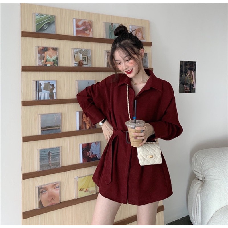 มินิเดรสเชิ้ตแขนยาว มีเข็มขัด