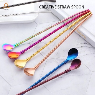 [Stock] 1 Pc Stainless Steel Threaded Straw Spoon/ 2 In 1 Milk Tea Beverage Coffee Stirring Spoons/ Reusable Long Handle Dinnerware Accessories