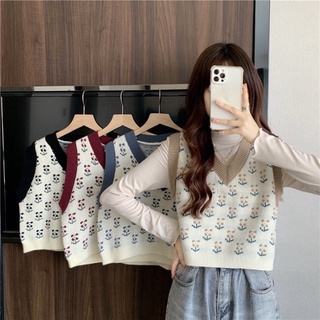 เสื้อกั๊กผ้าถัก เสื้อแจ็คเก็ตคอวีขนาดเล็กสไตล์เกาหลี