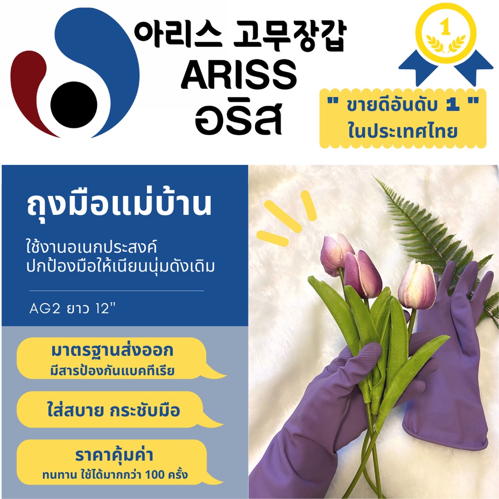 ถุงมือแม่บ้านอริส สีม่วง ถุงมือยางธรรมชาติ ใช้ได้อเนกประสงค์ ใช้ได้หลายครั้ง มาตรฐานส่งออก Ariss (Code AG2)