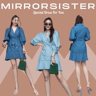 🔖MiRRoRSiSTER เดรสคอปกวีแขนพองนิดๆ แต่งระบายชายล่าง