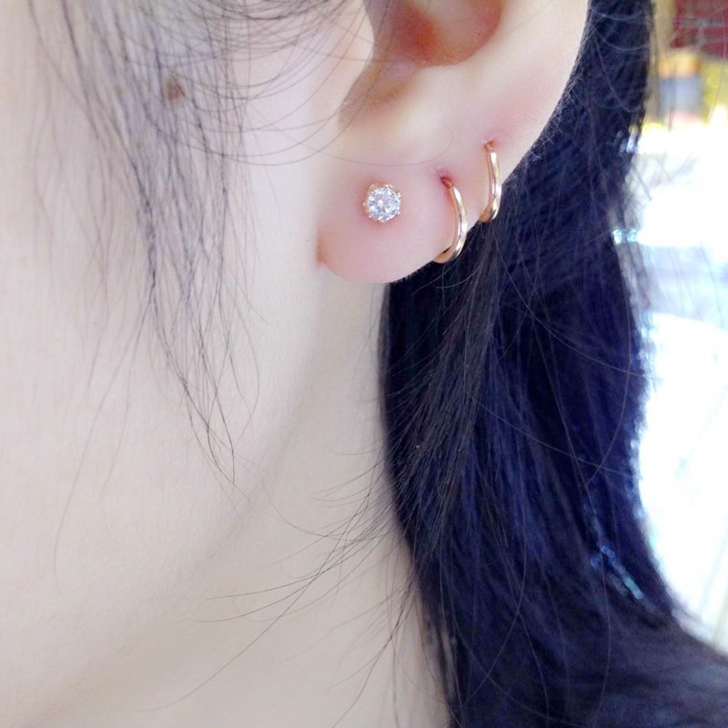 Pure Russian AU585 สีม่วงฝังเพทายฝาเกลียวเทรนด์ต่างหูนักเรียนต่างหูสีโรสโกลด์ทองคำ 14K