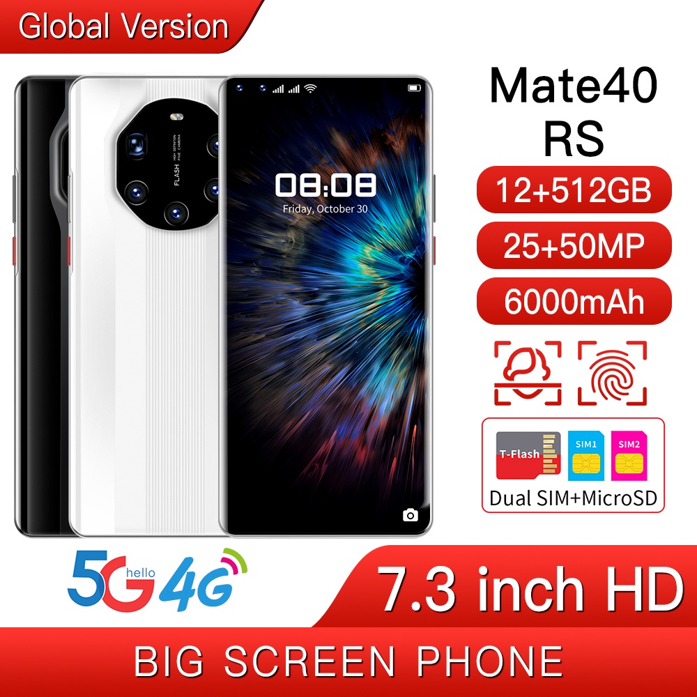 สมาร์ทโฟน HUAWEI 12GB + 512GB โทรศัพท์ Android Mate40RS หน้าจอขนาดใหญ่ 7.3 นิ้วโทรศัพท์มือถือเกมโทรศัพท์