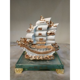 เรือสำเภาหัวมังกรคู่ฐานแก้วสูง6นิ้ว