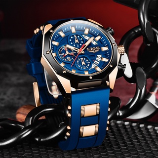 ราคาLIGE แบรนด์ใหม่นาฬิกาผู้ชายเดิม แฟชั่นสายรัดซิลิโคน นาฬิกากันน้ำ ตัวชี้เรืองแสงกีฬาโครโนกราฟ+กล่อง