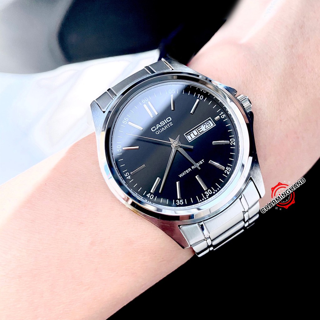 นาฬิกาข้อมือผู้ชายแท้ สไตล์Minimal หน้าปัดสีดำกว้าง 3.8 ซม. Casioแท้ สายสแตนเลสสีเงิน ย้ำขายเฉพาะของแท้ มีใบรับประกัน