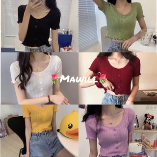 🌟Mawill🌟 เสื้อไหมพรมครอป แขนระบาย เสื้อเอวลอย เสื้อครอป เสื้อผ้าแฟชั่น เสื้อครอปแขนสั้น เเสื้อแฟชั่นผู้หญิง  #1085