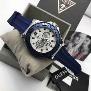 Slae✅🚩/17-20ธค นี้/ GuessW0674G4 45mm Mens Force Blue Silicone Band Steel Case Quartz White Dial Analog Watch