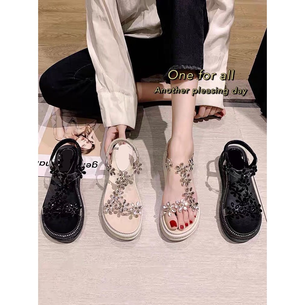 @พร้อมส่ง@ ฮิตที่สุด รุ่น TX168 รองเท้าส้นสูงรัดส้น แต่งเพชรลายดอกไม้ น้ำหนักเบาสบาย ไม่ลื่น เพิ่มคว