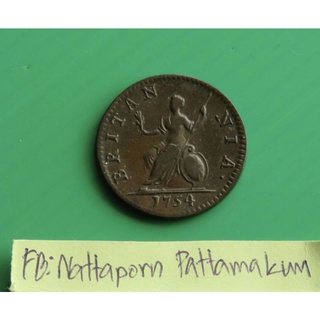 1754 Great BritainCoin Farthing (1/4 Penny)​ คิงส์​จอร์จ​ที่​2 เนื้อทองแดง​ เกรดสูงหายากในสภาพเดิม