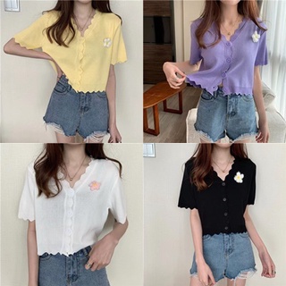 💕สินค้าพร้อมส่ง💕เสื้อคาร์ดิแกน แขนสั้นเอวลอย คอวีกระดุมผ่าหน้าสำหรับผู้หญิง DMN03