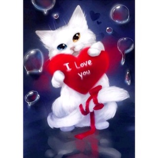 ภาพครอสติสคริสตัลแบบติดเต็มแผ่นและติดบางส่วน รูป white cat red  heart