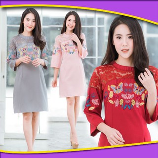 (L) 6 Dress World เดรสแขน5ส่วน ผ้าลูกไม้สวยๆช่วงไหล่ ตรงหน้าอกปักผีเสื้อในดงดอกไม้จัดแบบแน่นๆ เสื้อผ้า เดรสสั้น