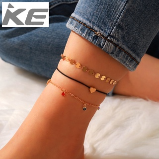 All-match jewelry Simple love candy-colored diamond anklet 3-piece set Round heart-shaped ankl