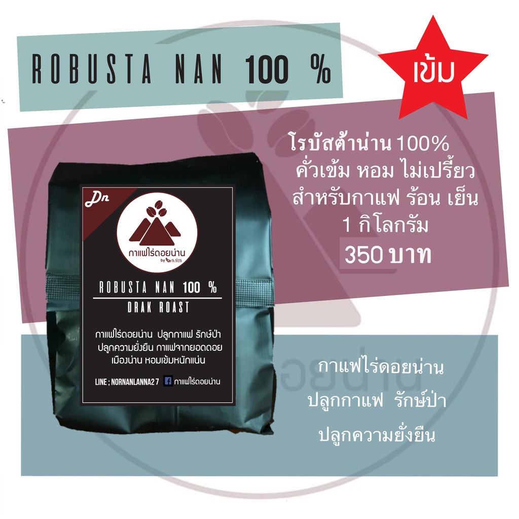 เมล็ดกาแฟคั่วเข้ม Robusta Nan 100% หอมเข้มข้น