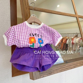 ใหม่ เสื้อยืด ลายสก๊อต สีม่วง และกางเกงขาสั้น สไตล์เกาหลี เหมาะกับฤดูร้อน สําหรับเด็กผู้หญิง สองชิ้น