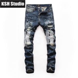 amiri jeans amiri slim fit jeans 8132 American high street tide brand hole spray paint beggar distressed blue slim fit e