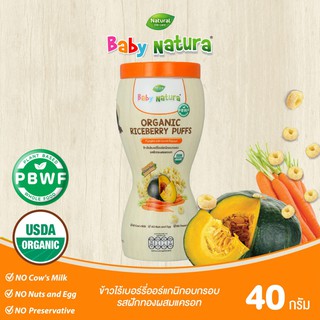 Baby Natura เบบี้เนเชอร่า ขนมข้าวไรซ์เบอร์รี่ออร์แกนิกอบกรอบ รสฟักทองผสมแครอท (40กรัม)เหมาะสำหรับเด็กอายุ 10 เดือนขึ้นไป