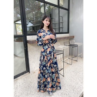 8318#  ชุดเดรส รุ่น Elizabeth Dress ชุดเดรสผ้าชีฟองเนื้อทราย🌼 พิมพ์​ลายดอกไม้สุดน่ารัก💐