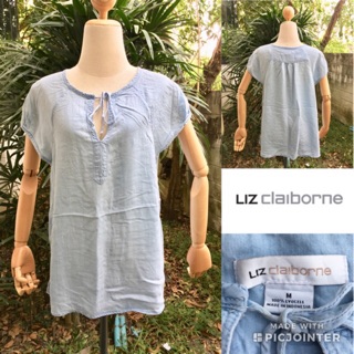 2sis1bro แบรนด์แท้ Liz Claiborne เสื้อเชิ้ต เสื้อยีนส์ ทรงหลวม ผูกคอ มือสอง พร้อมส่ง sz M