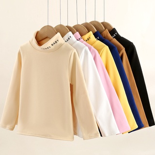 [ZY] เสื้อยืดลําลอง แขนยาว คอสูง 90-160 ซม. ให้ความอบอุ่น สีพื้น สไตล์เกาหลี สําหรับเด็ก