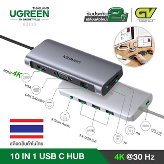 UGREEN USB C USB3.1 to Hub 10 in 1 รุ่น 80133 ไปเป็น HDMI 4K, VGA 1080P, Card Reader SD/TF, Lan Gigabit 1000