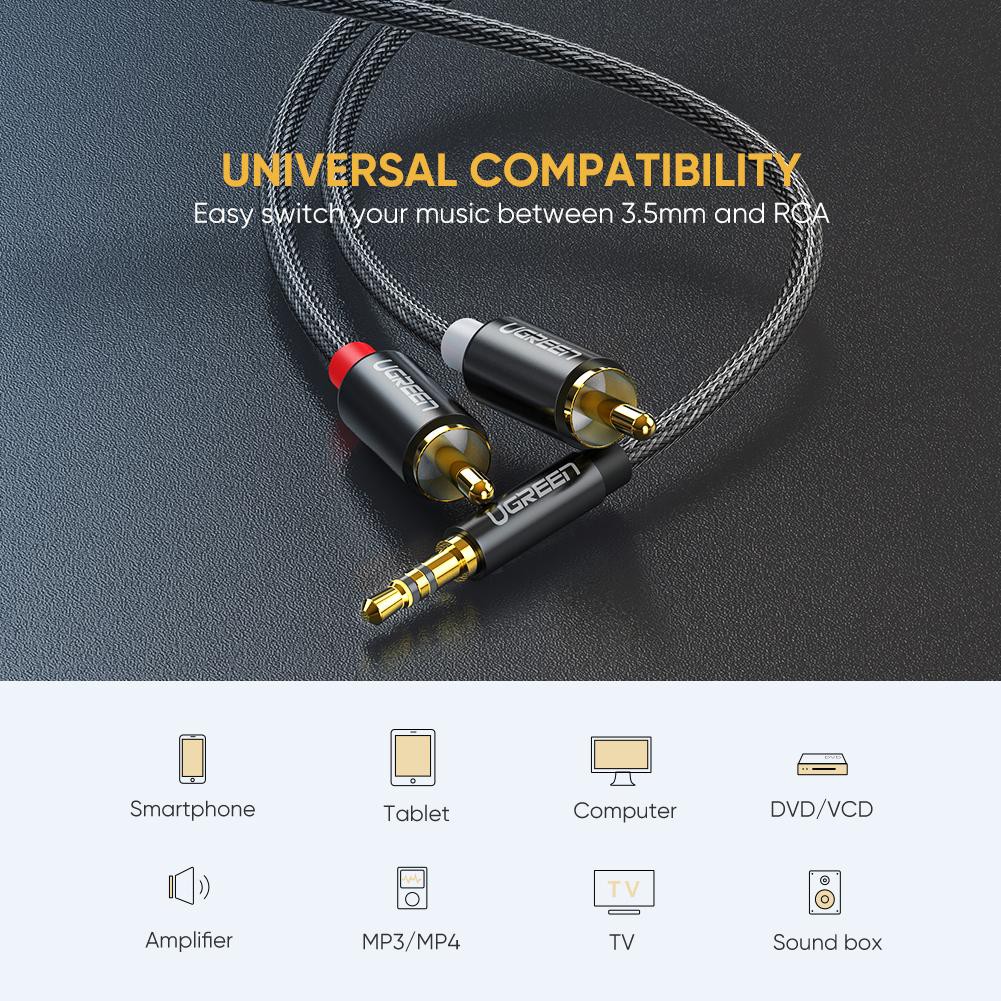 UGreen Audio Cable 3.5mm to RCA สายสัญญาณ Stereo 3.5 to rca สายถัก Nylon Braided